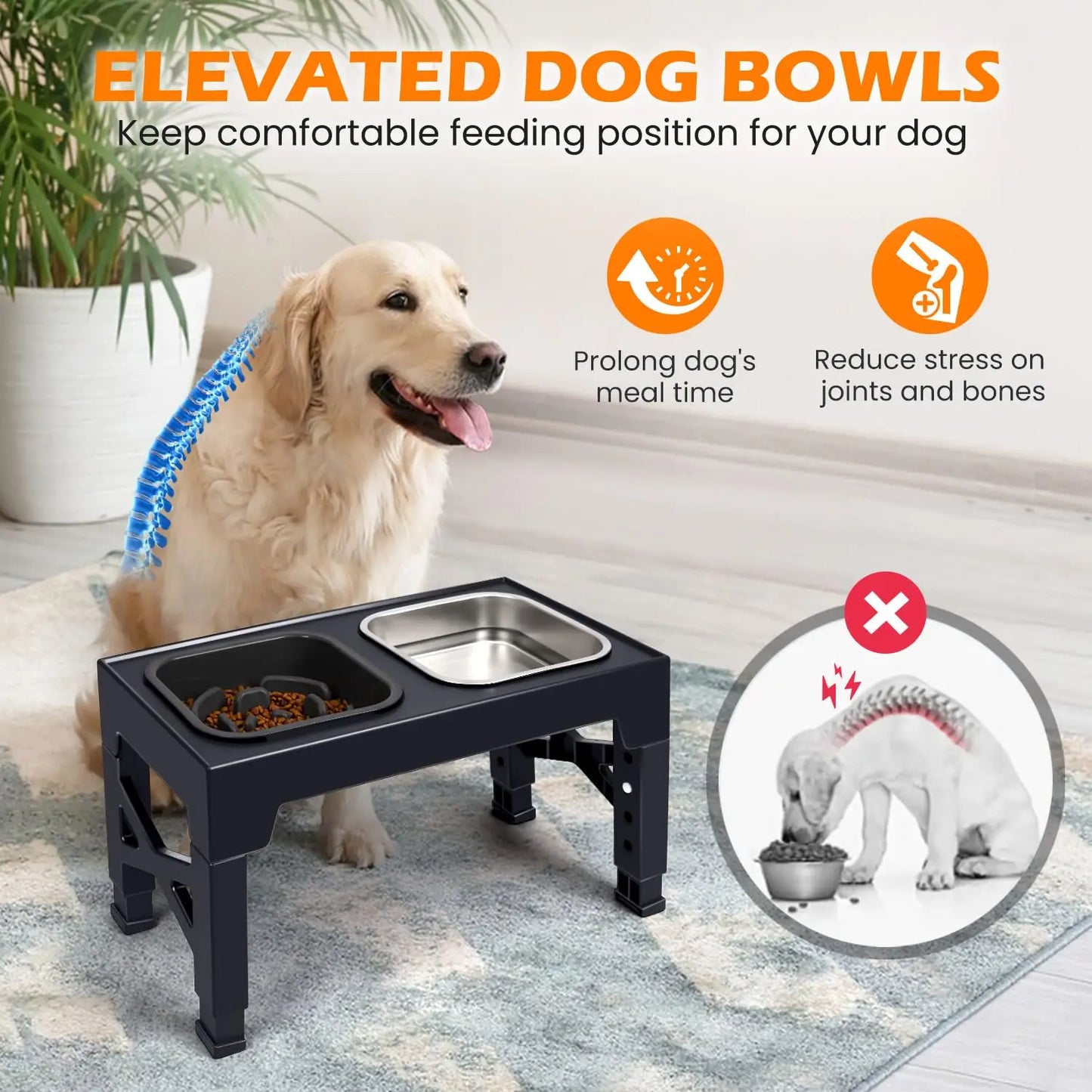 Elevated Adjustable Slow Feeder Dog Bowls With Foldable Stand