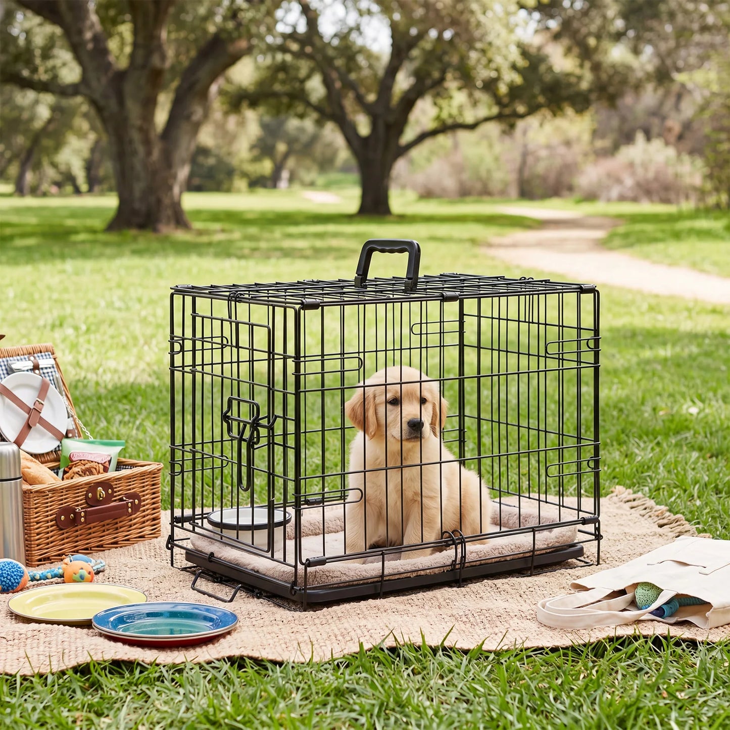 JHK Foldable Metal Dog Crate With Secure Lock And Tray