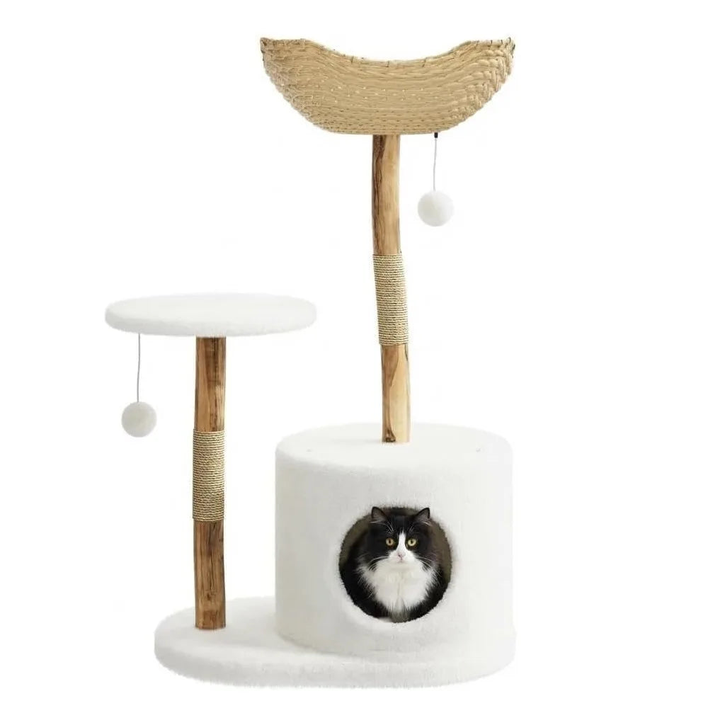 Wooden Cat Tree Tower With Rattan, Multi-Level Climbing Activity Center