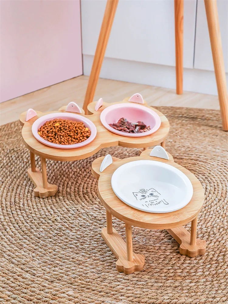 Ceramic Single And Double Pet Food Bowl With Wooden Stand
