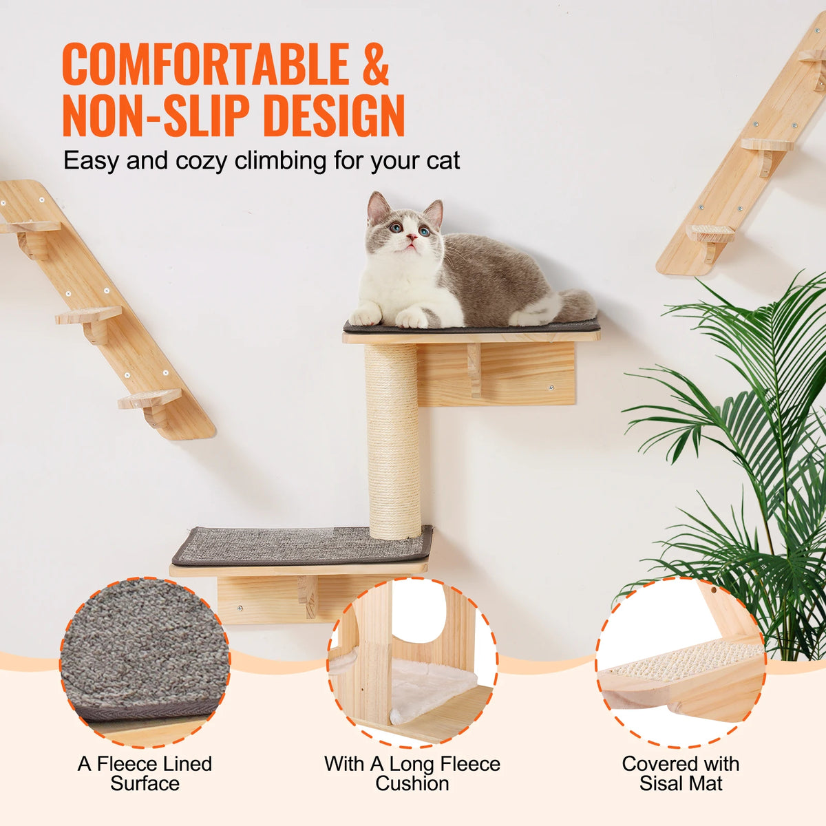 SucceBuy Wall Mounted Cat Shelves With Wooden Perch And Hammock
