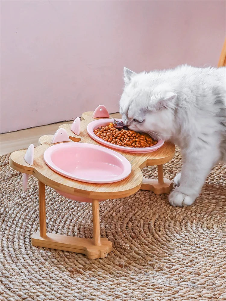 Ceramic Single And Double Pet Food Bowl With Wooden Stand
