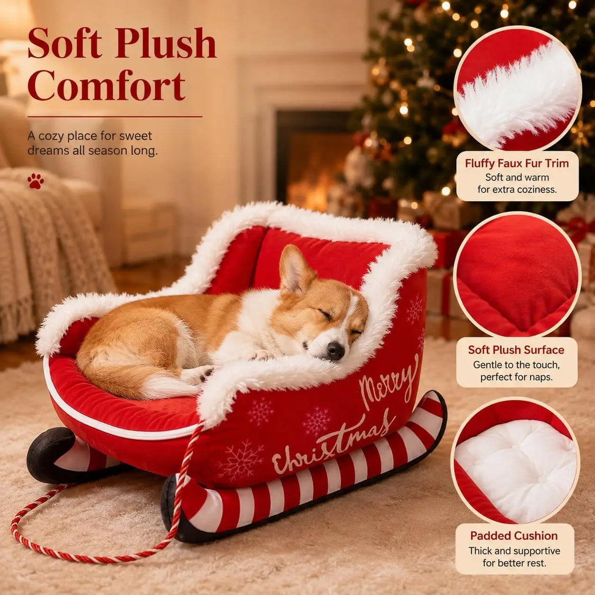 Christmas Santa Sleigh Dog Bed With Plush Raised Sides