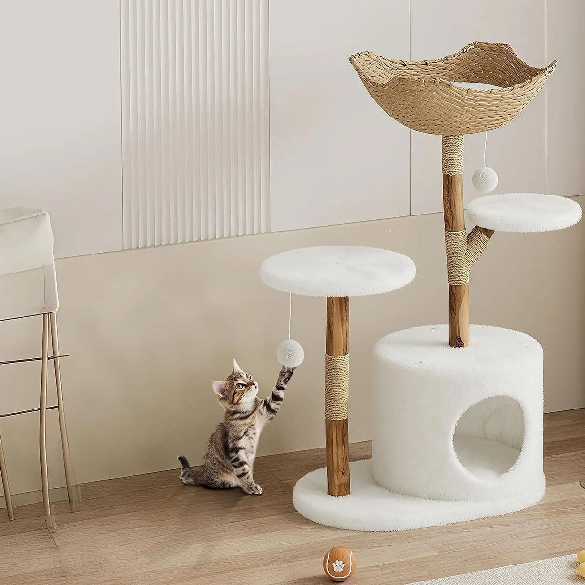 Wooden Cat Tree Tower With Rattan, Multi-Level Climbing Activity Center