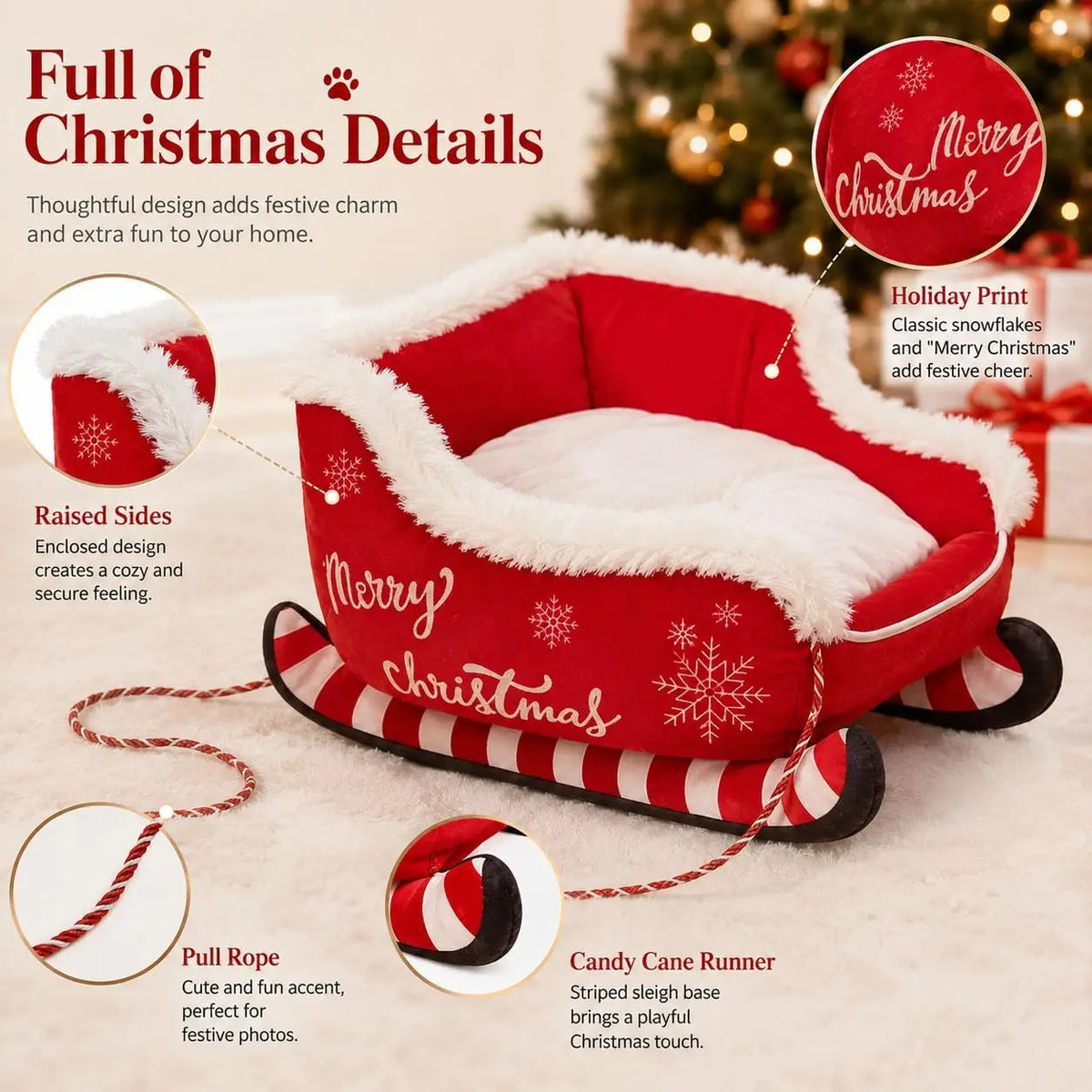 Christmas Santa Sleigh Dog Bed With Plush Raised Sides