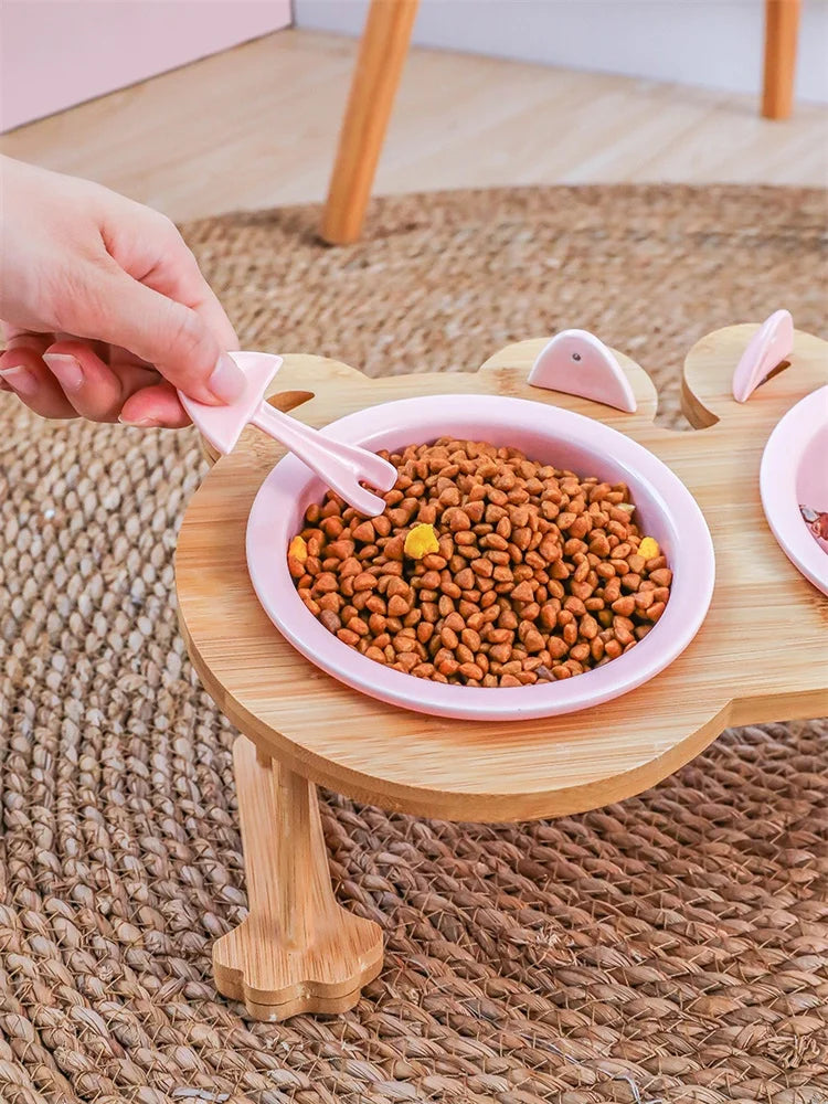 Ceramic Single And Double Pet Food Bowl With Wooden Stand