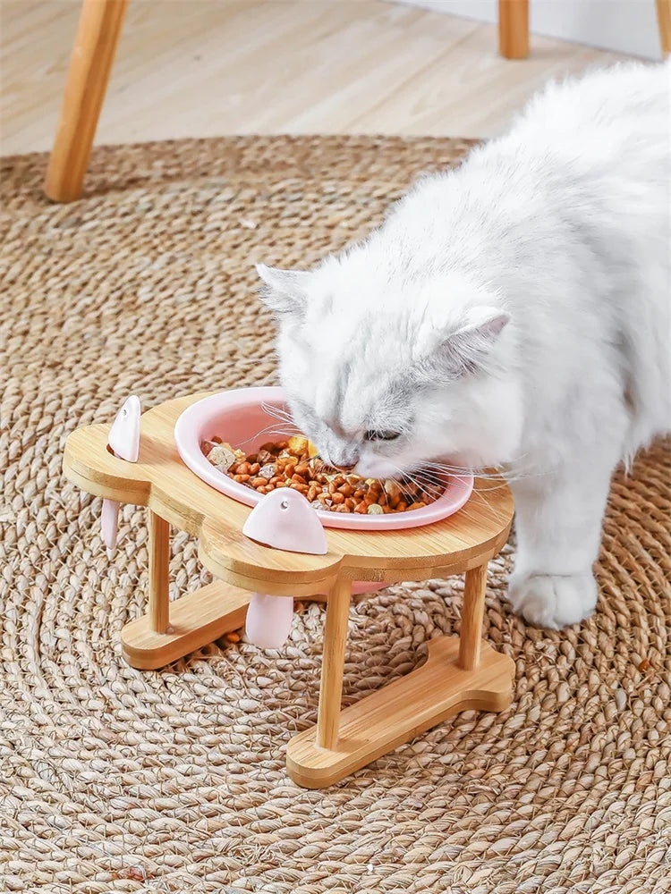 Ceramic Single And Double Pet Food Bowl With Wooden Stand