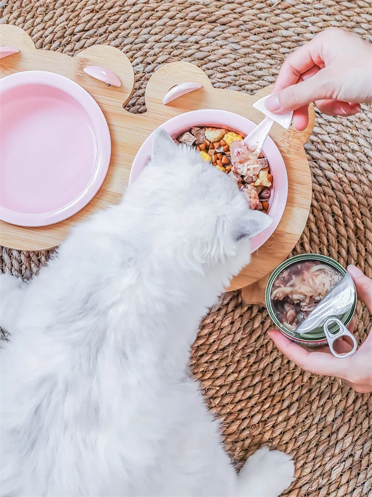 Ceramic Single And Double Pet Food Bowl With Wooden Stand