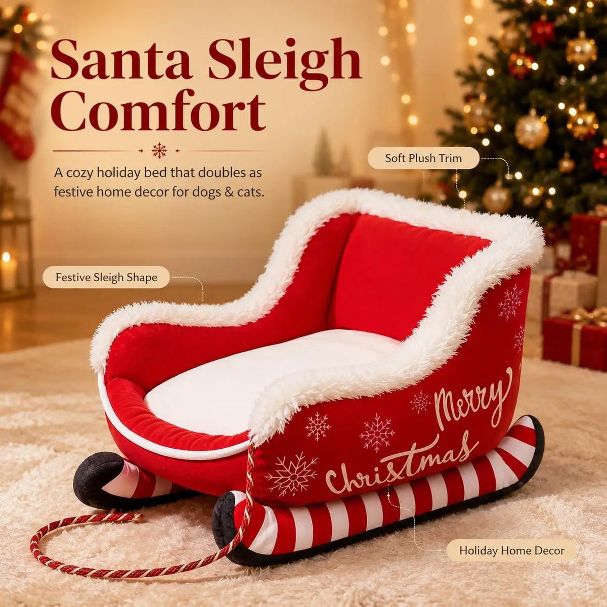 Christmas Santa Sleigh Dog Bed With Plush Raised Sides