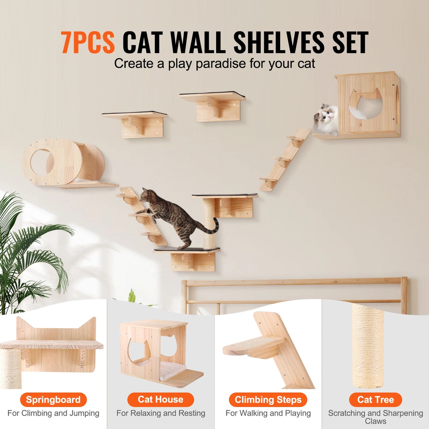 SucceBuy Wall Mounted Cat Shelves With Wooden Perch And Hammock